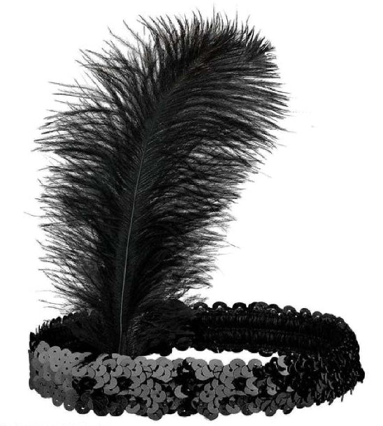 Fascia Nera Paillettes Con Piuma Accessori Halloween E Carnevale