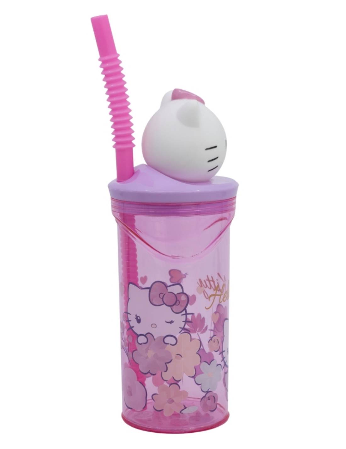 Bicchiere Borraccia Con Cannuccia Hello Kitty 3D 360ml