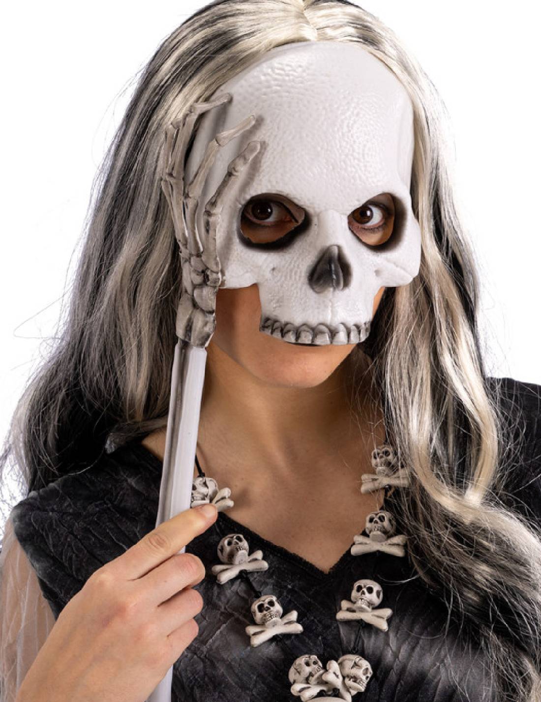 Maschera Di Halloween Teschio Con Manico Mano Scheletro