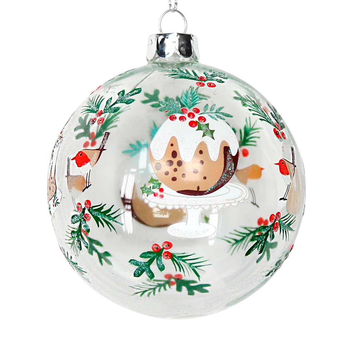 Pallina Albero Di Natale In Vetro Con Decorazioni Natalizie Vischio