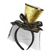 Mini Cilindro Oro Glitter Su Cerchietto Con Fiocco E Velo