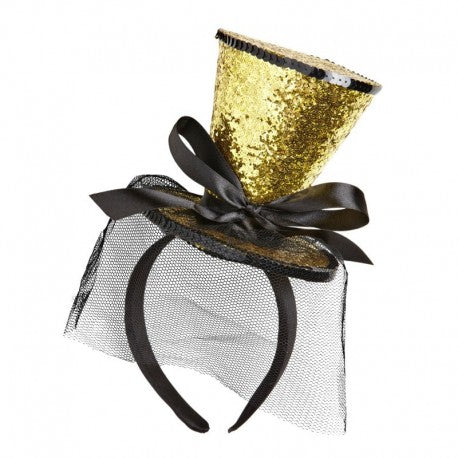 Mini Cilindro Oro Glitter Su Cerchietto Con Fiocco E Velo