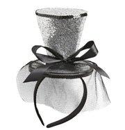 Mini Cilindro Argento Glitter Su Cerchietto Con Fiocco E Velo