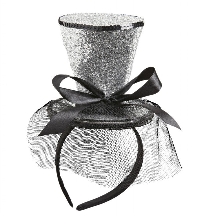 Mini Cilindro Argento Glitter Su Cerchietto Con Fiocco E Velo