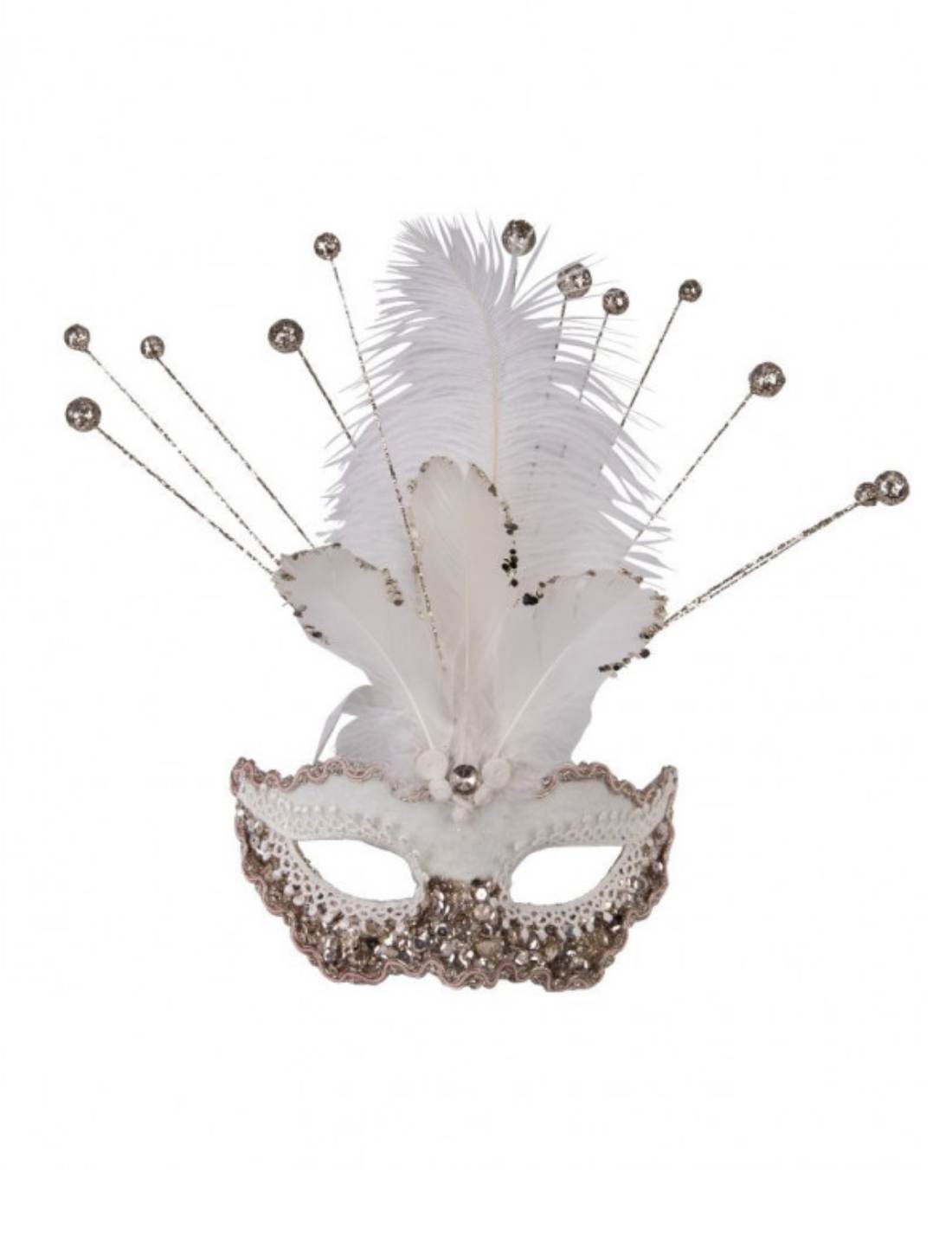 Maschera Di Carnevale Bianca Con Paillettes E Piume