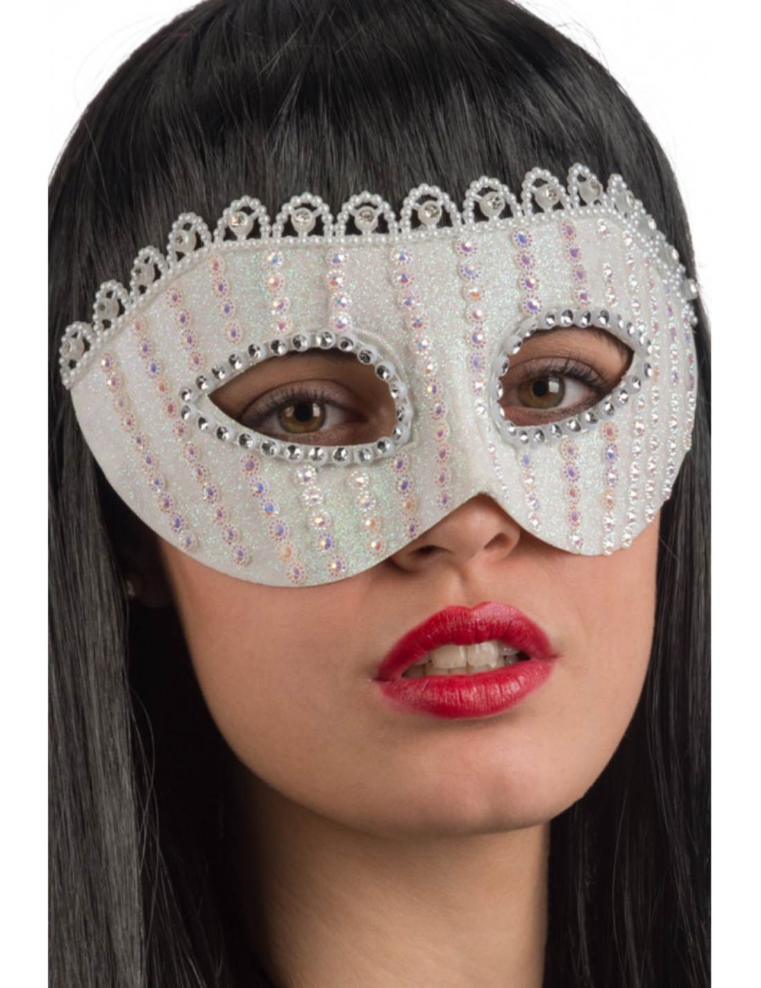 Maschera Di Carnevale Bianca Con Glitter E Strass