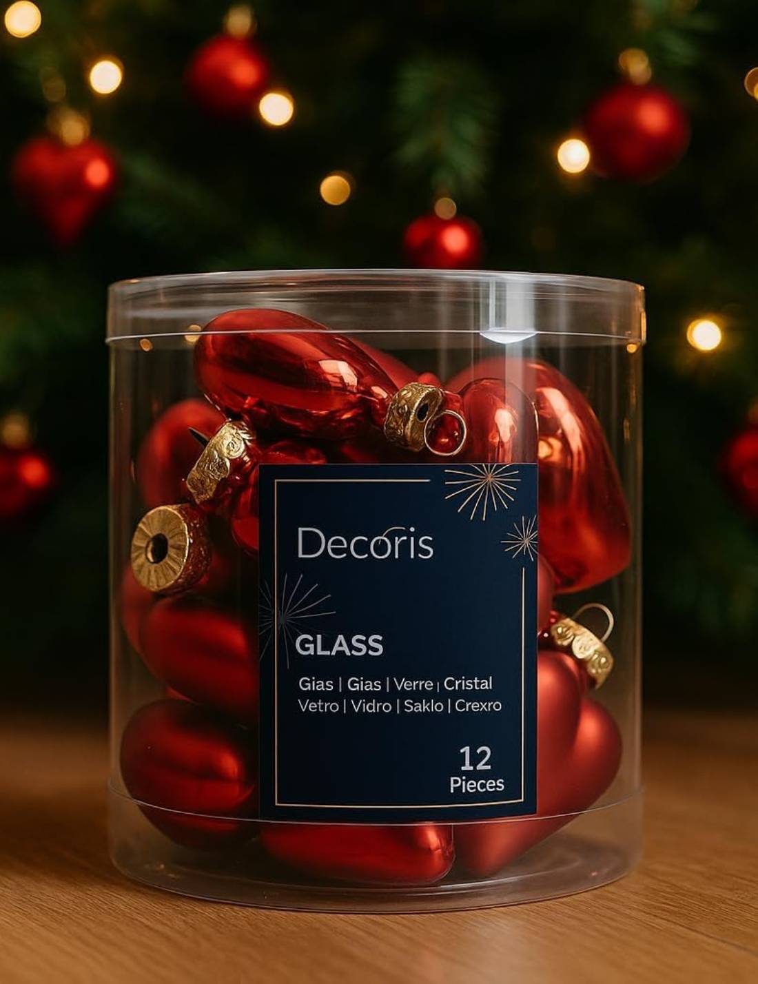 Set 12pz Palline Albero Di Natale Cuore Rosso 4cm