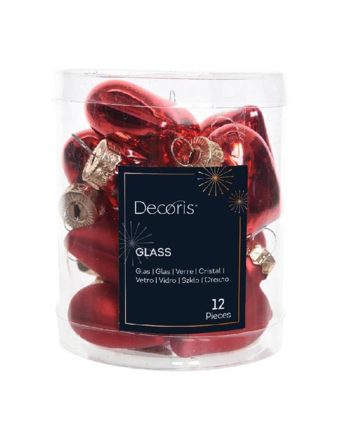 Set 12pz Palline Albero Di Natale Cuore Rosso 4cm
