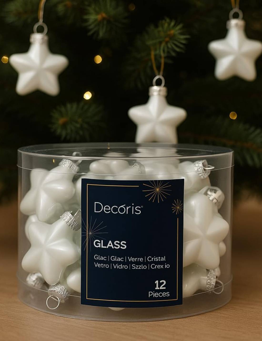 Set 12pz Palline Albero Di Natale Stella Bianca 4cm