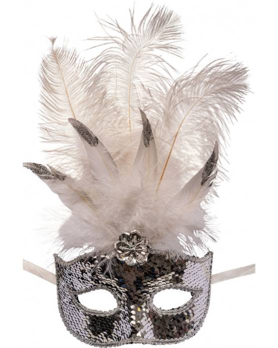 Maschera Di Carnevale Argento Con Pailletes e Piume Bianche