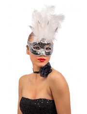 Maschera Di Carnevale Argento Con Pailletes e Piume Bianche