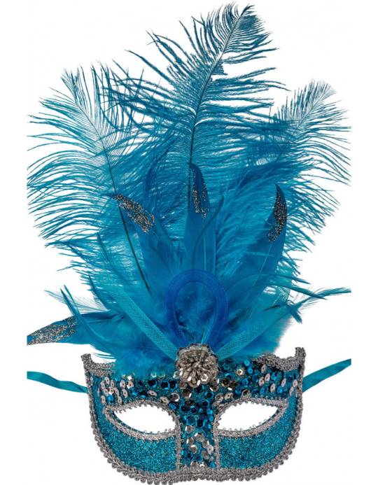 Maschera Di Carnevale Turchese Con Pailletes e Piume Bianche