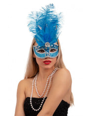 Maschera Di Carnevale Turchese Con Pailletes e Piume Bianche