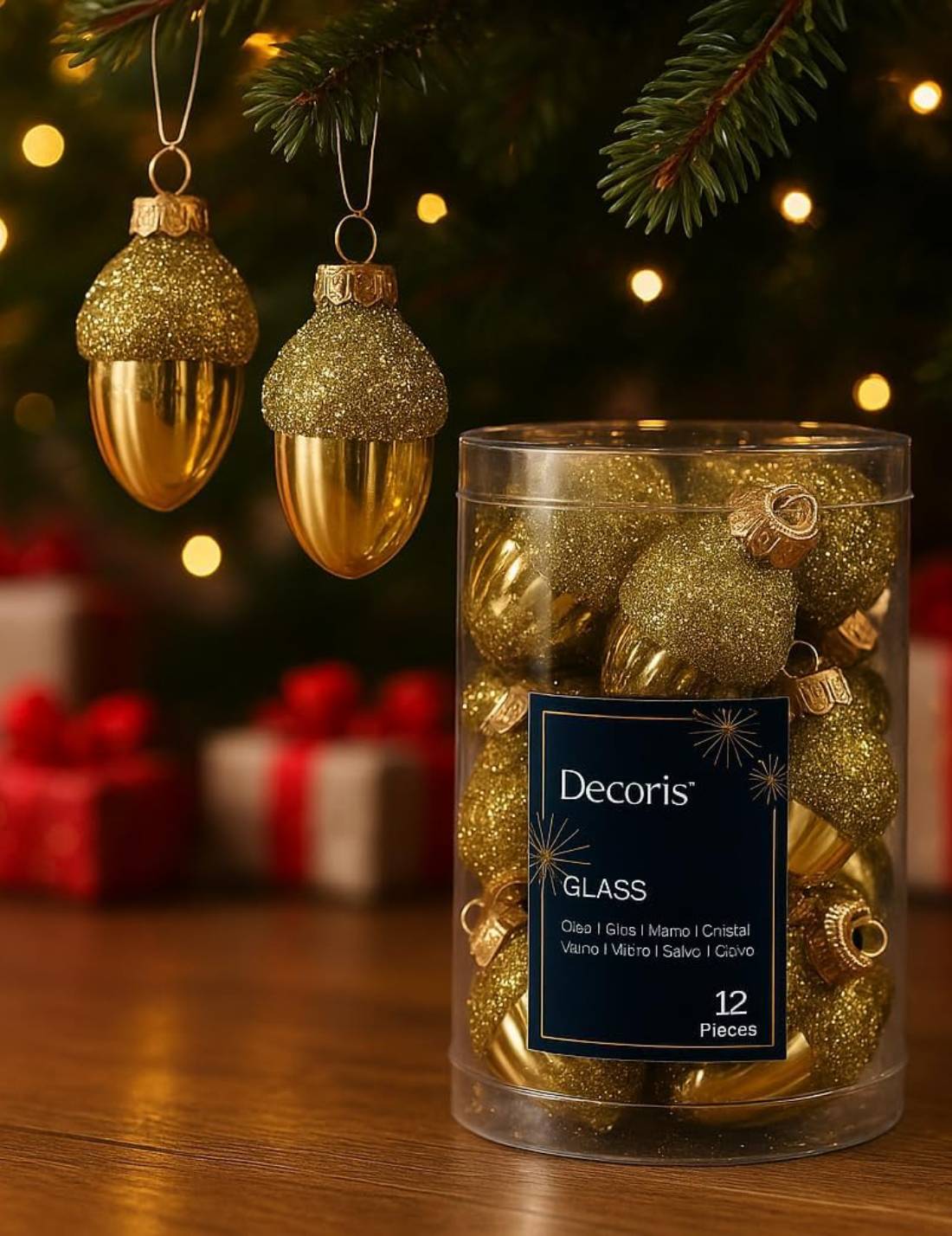 Set 12pz Palline Albero Di Natale Ghianda Oro 4cm