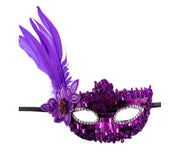 Maschera Occhi Viola Con Pailletes E Piume