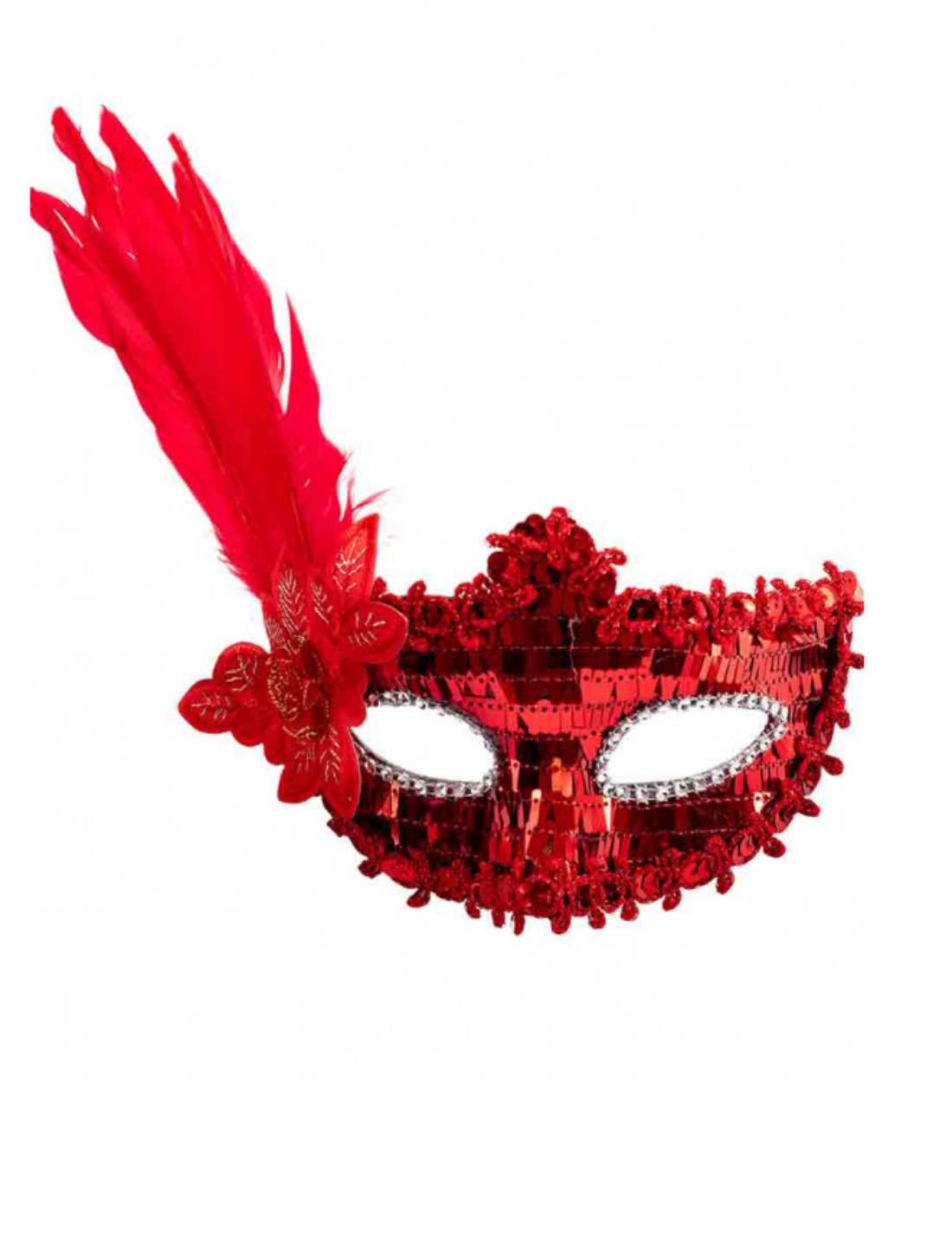 Maschera Di Carnevale Rossa Con Paillettes e Piume