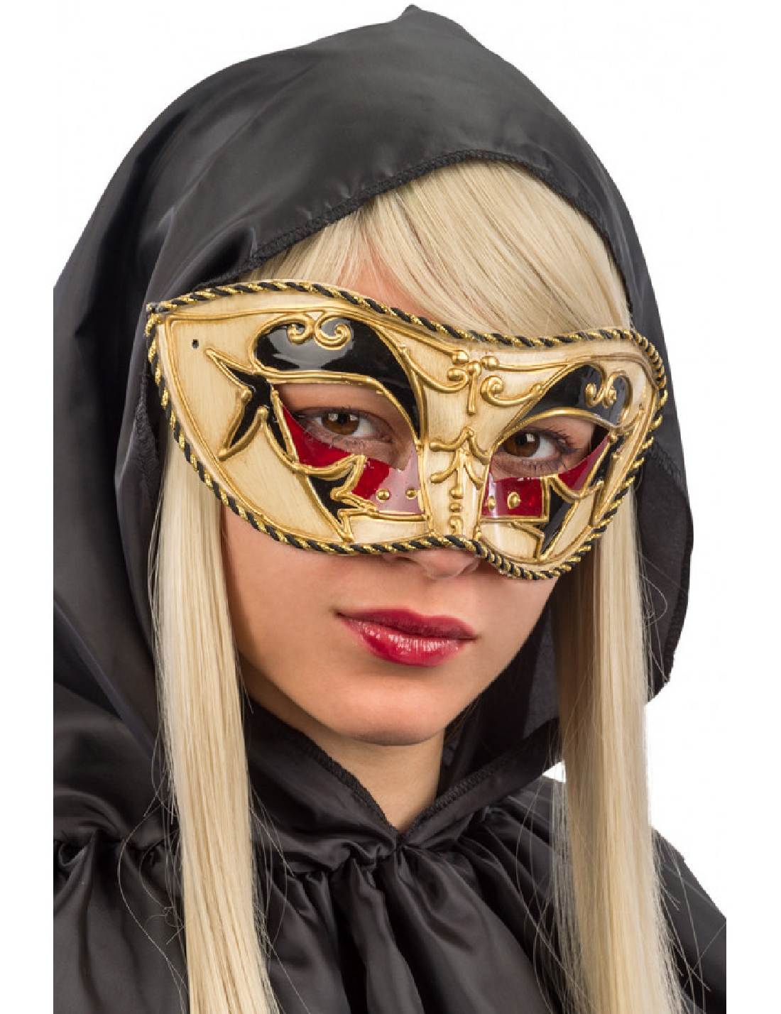 Maschera Di Carnevale Veneziana Con Decorazioni Oro e Rosse