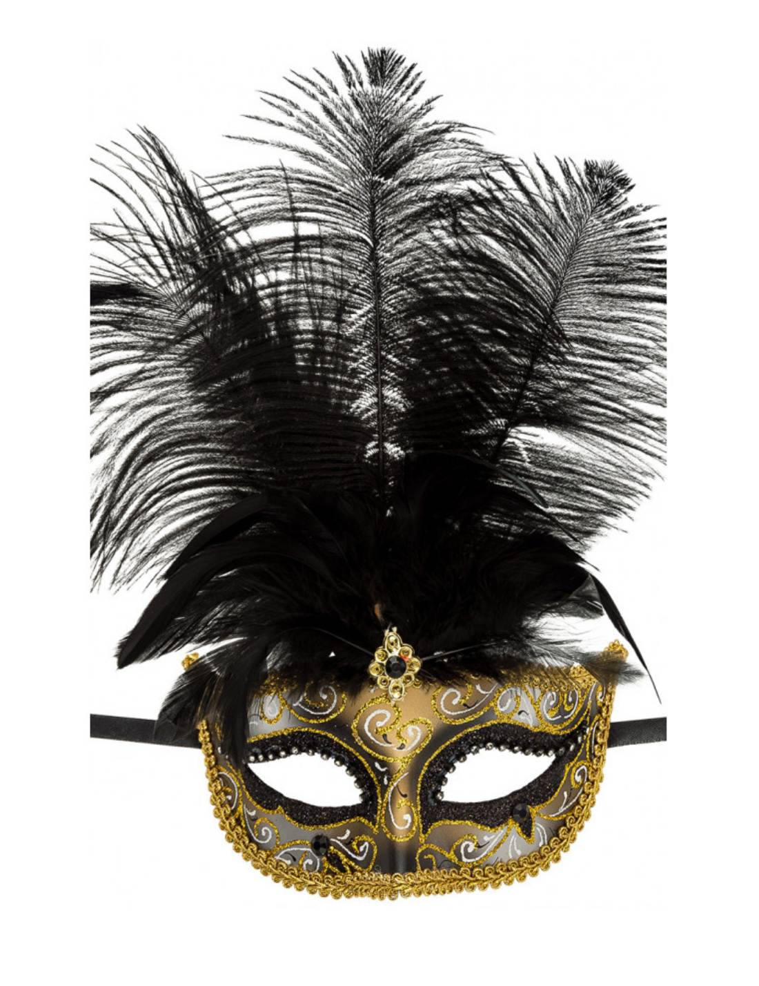 Maschera Di Carnevale Oro Con Glitter Neri E Gemme