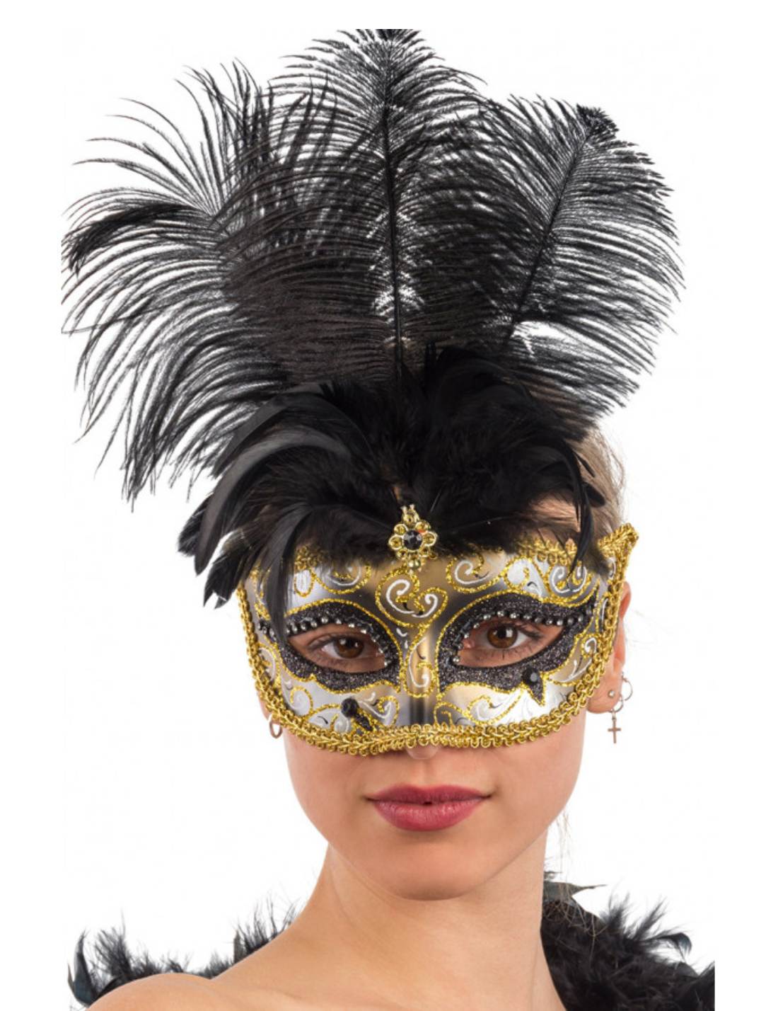 Maschera Di Carnevale Oro Con Glitter Neri E Gemme