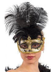 Maschera Di Carnevale Oro Con Glitter Neri E Gemme