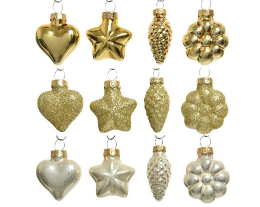 Addobbo Albero Di Natale In Vetro Figure Assortite Bianco e Oro 12 Pz