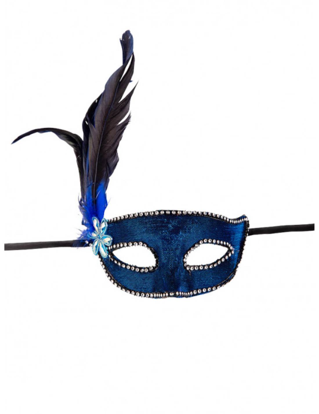 Maschera Di Carnevale Blu Con Strass E Piume