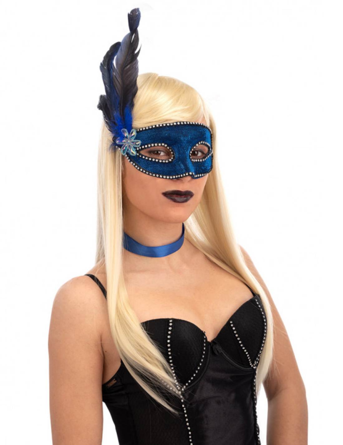 Maschera Di Carnevale Blu Con Strass E Piume