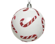 Pallina Albero Di Natale In Plastica Bianca Con Bacchette Di Zucchero 8cm
