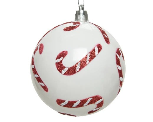 Pallina Albero Di Natale In Plastica Bianca Con Bacchette Di Zucchero 8cm