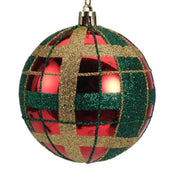 Pallina Albero Di Natale Rossa Con Decorazione Tartan Verde e Oro 8cm