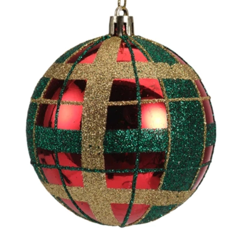 Pallina Albero Di Natale Rossa Con Decorazione Tartan Verde e Oro 8cm