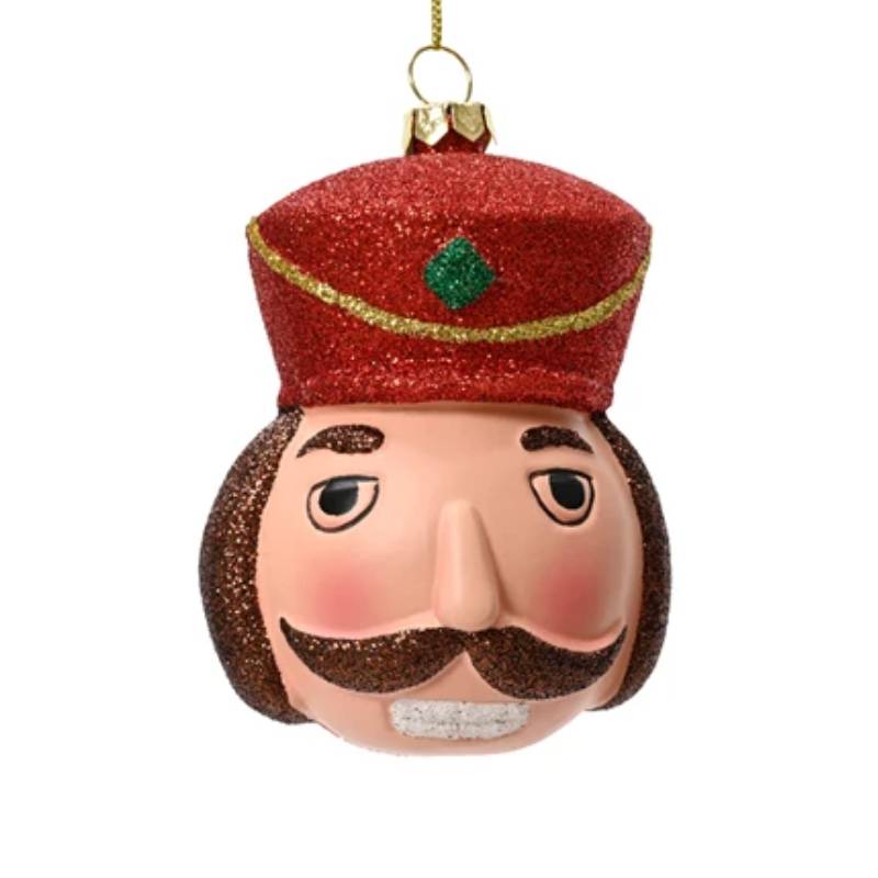 Pallina Albero Di Natale In Plastica Viso Schiaccianoci Con Glitter 9,5cm