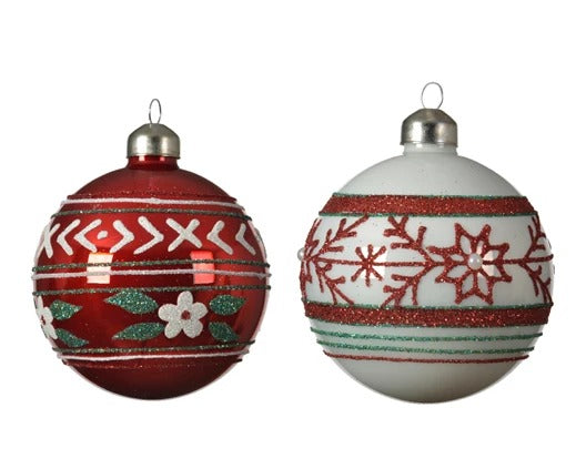Pallina Albero Di Natale In Vetro Bianca e Rossa Decorata 8cm