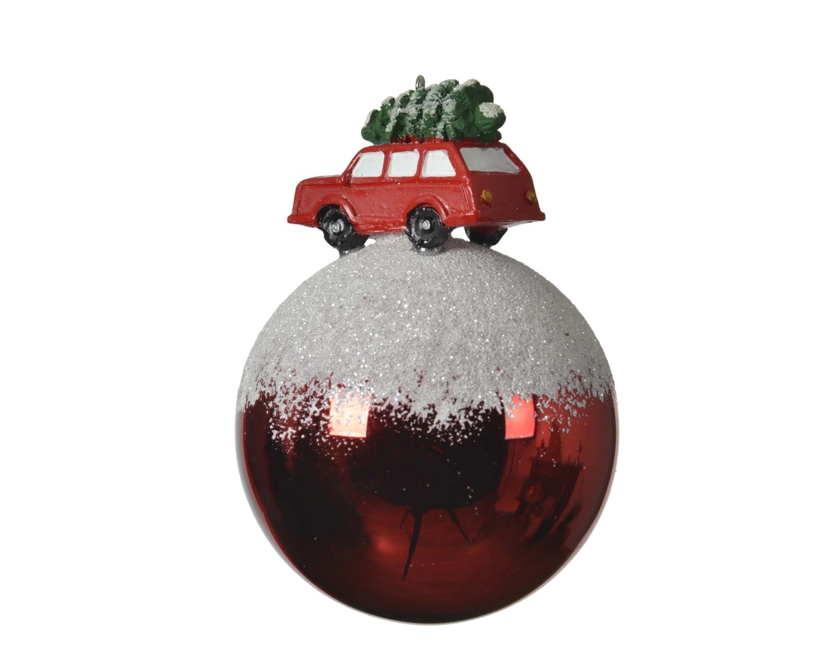 Pallina Albero Di Natale In Vetro Rossa Effetto Neve Con Macchina E Albero 8cm