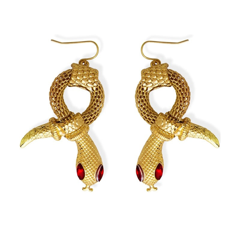 Coppia Orecchini Serpente Oro Con Gemme Rosse Accessori Halloween E Carnevale
