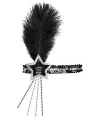 Fascia Per Testa In Paillettes Con Stella Happy New Year Nero-Argento E Piuma