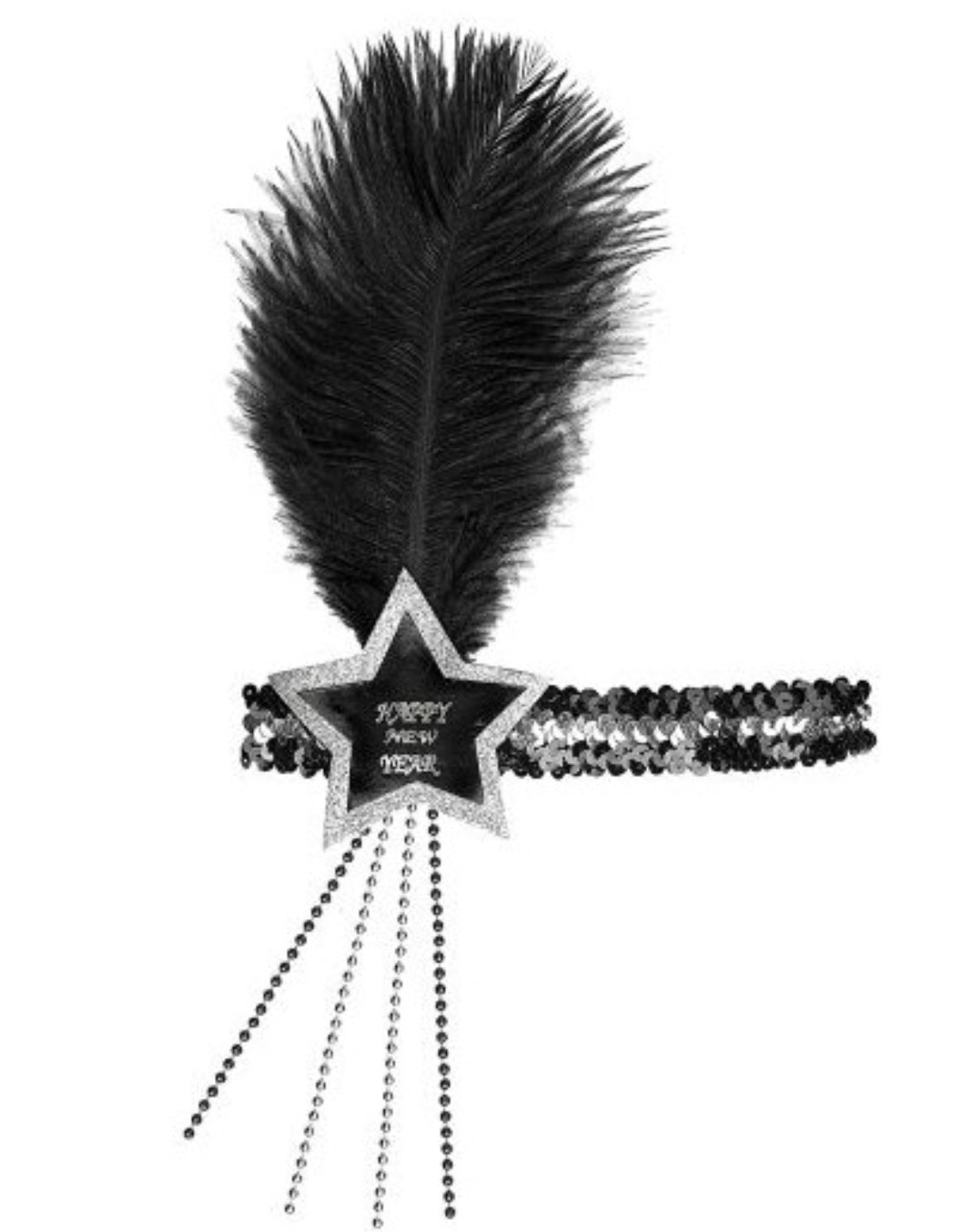 Fascia Per Testa In Paillettes Con Stella Happy New Year Nero-Argento E Piuma