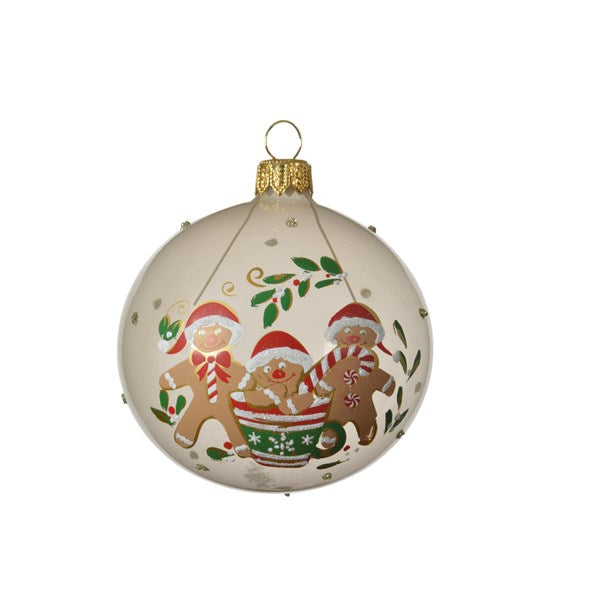 Pallina Albero Di Natale In Vetro Rosa Trasparente Con Omini Di Marzapane 8cm