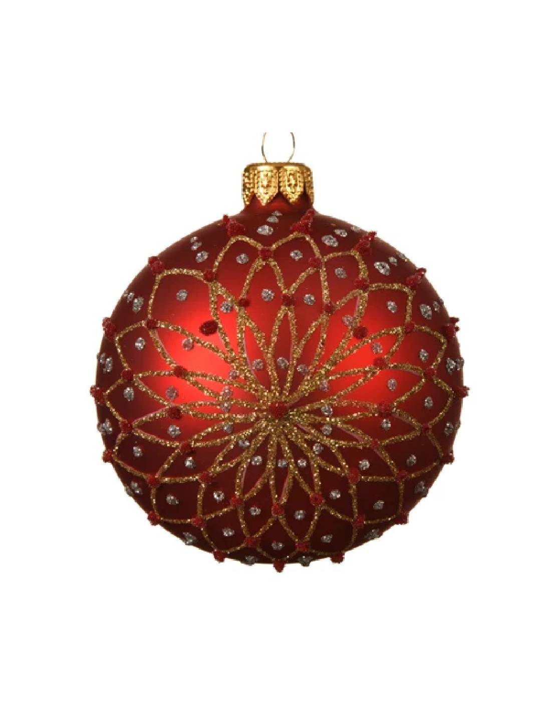 Pallina Albero Di Natale Rossa Opaca Con Fiore Dorato d8cm