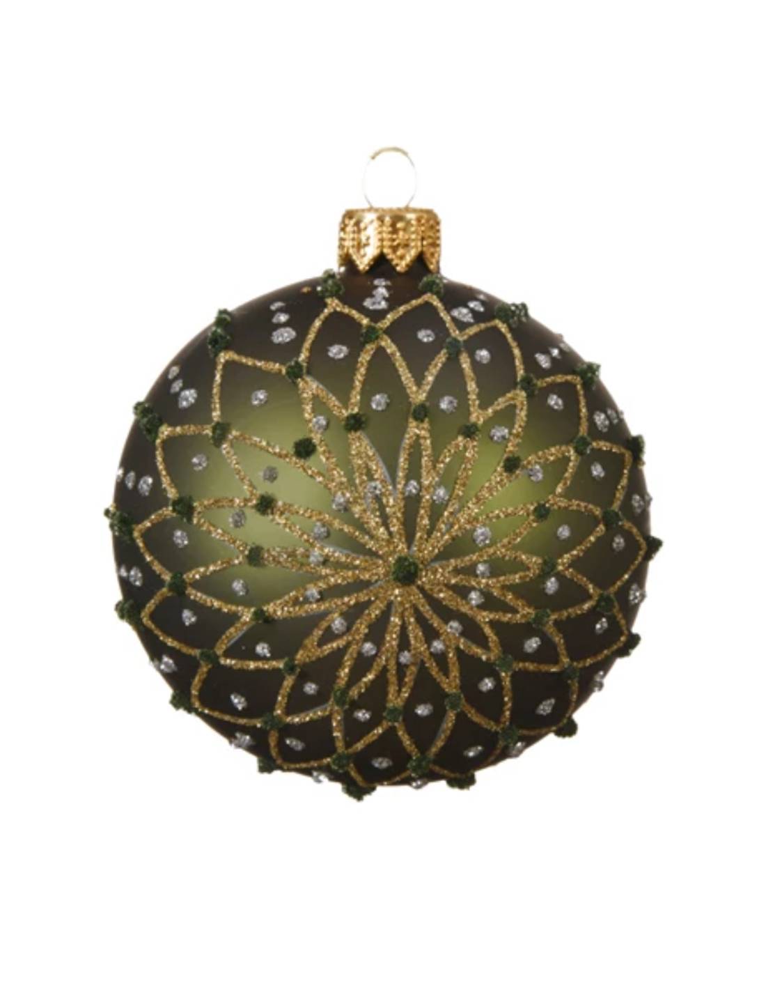 Pallina Albero Di Natale Verde Opaca Con Fiore Dorato d8cm