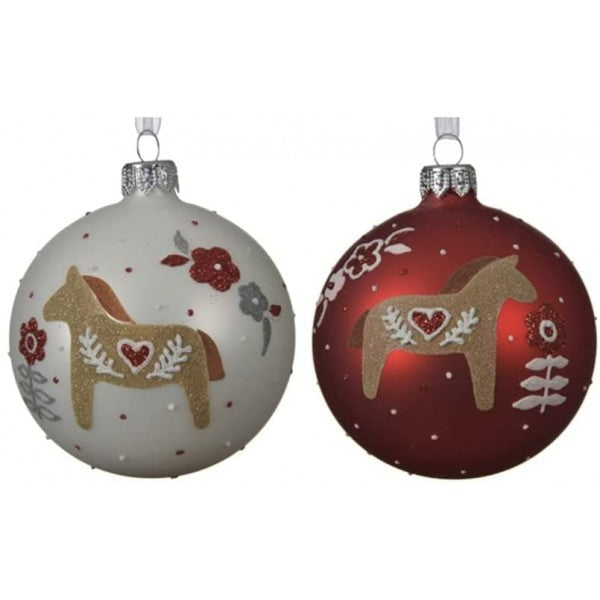 Pallina Albero Di Natale in Vetro Rossa Bianca Opaca Con Renna 8cm