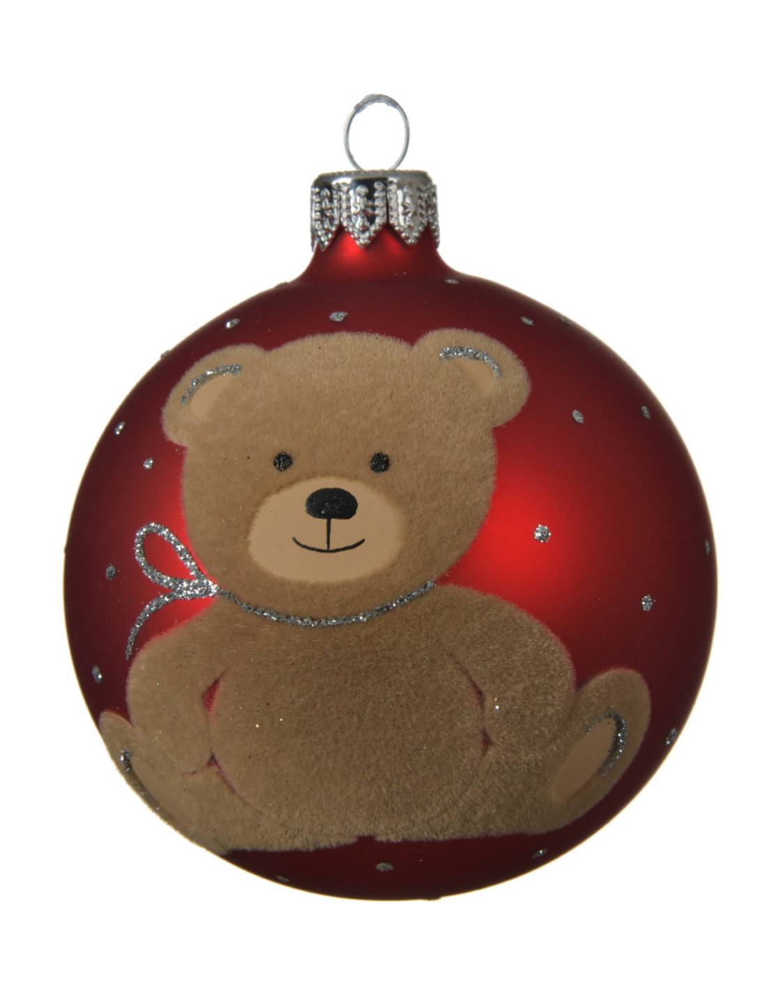 Pallina Albero Di Natale In Vetro Rossa Con Orsetto Teddy In Velluto 8cm