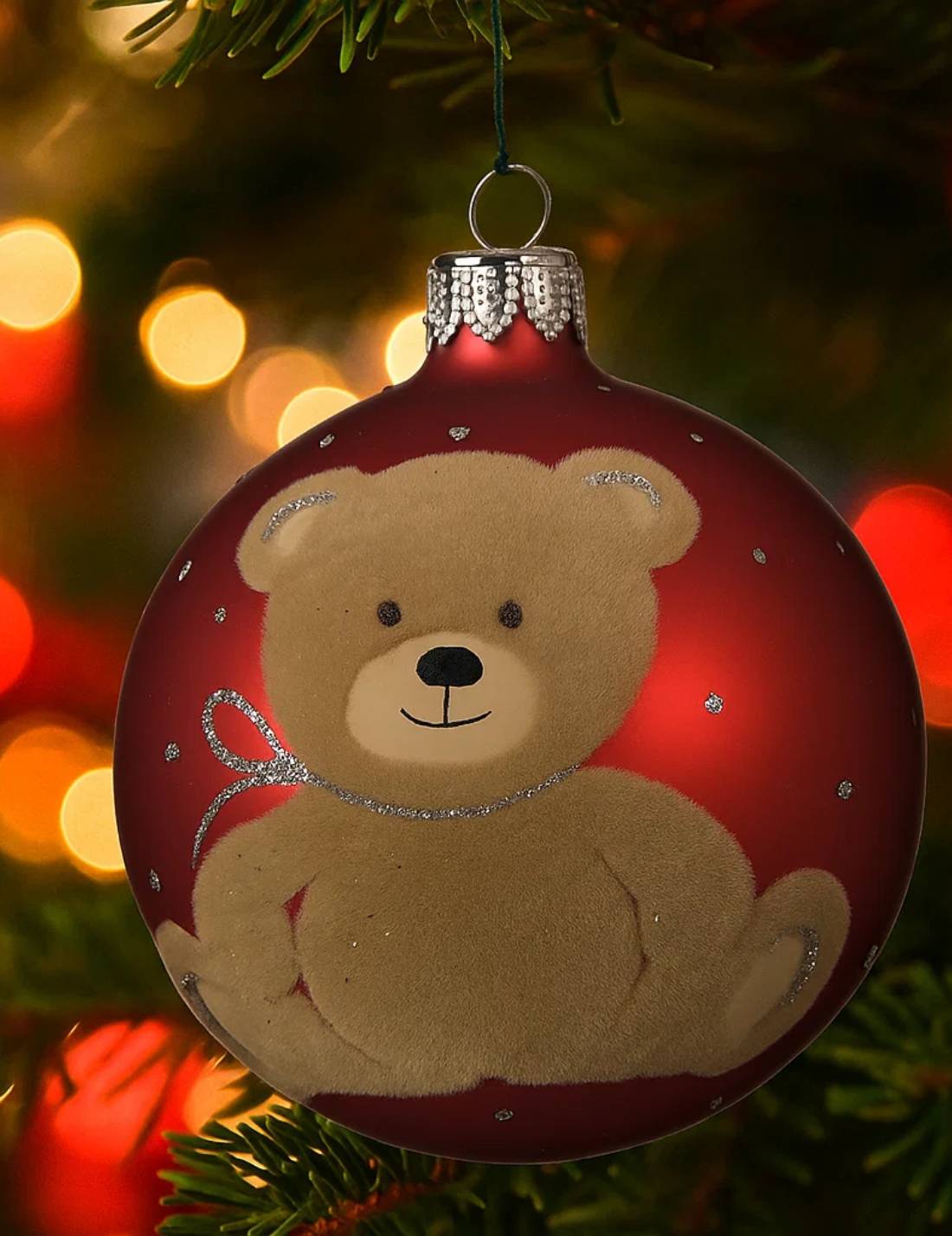 Pallina Albero Di Natale In Vetro Rossa Con Orsetto Teddy In Velluto 8cm