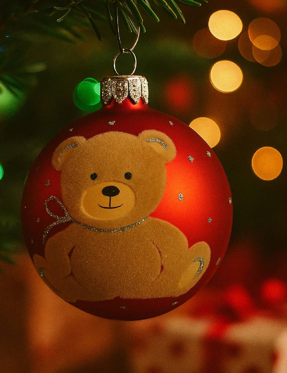 Pallina Albero Di Natale In Vetro Rossa Con Orsetto Teddy In Velluto 8cm