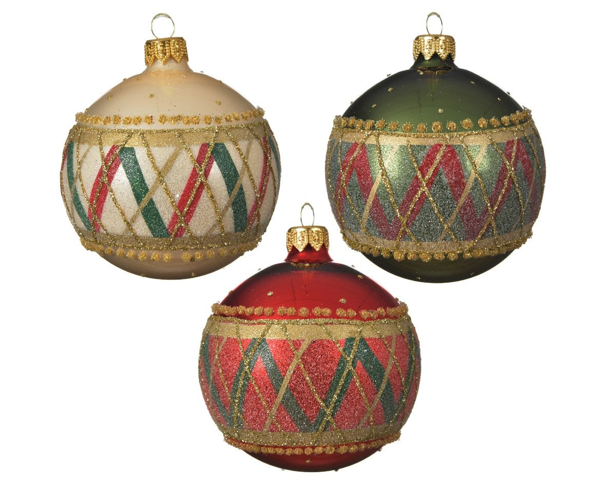 Pallina Albero Di Natale Vetro Con Decorazioni ZigZag E Glitter 8cm