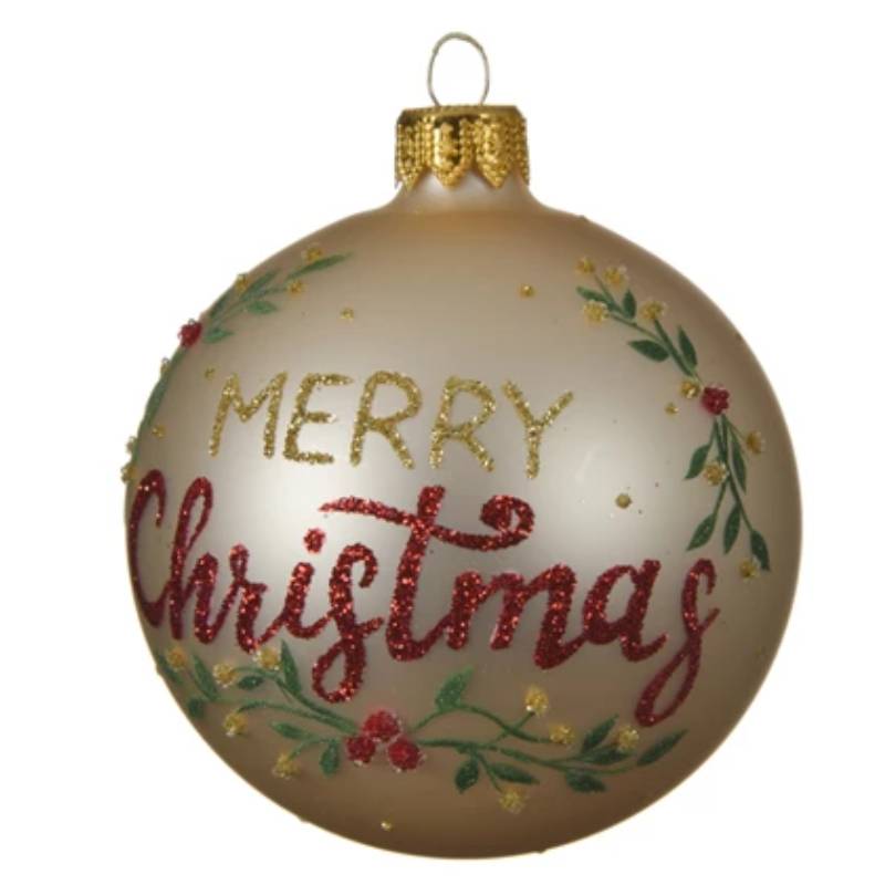 Pallina Albero Di Natale In Vetro Oro Merry Christmas Con Vischio 8cm