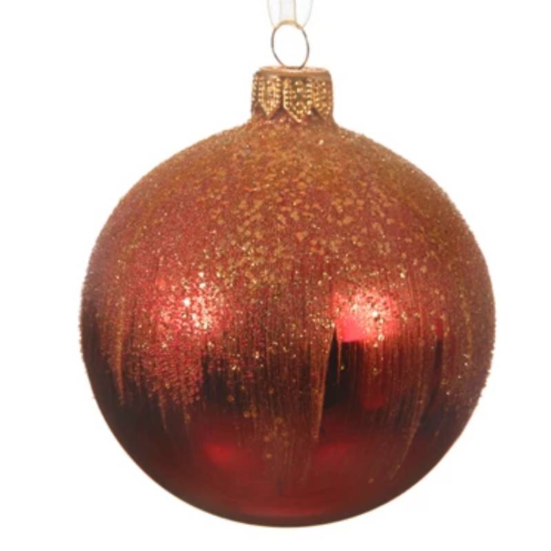 Pallina Albero Di Natale In Vetro Rossa Con Glitter Oro 8cm