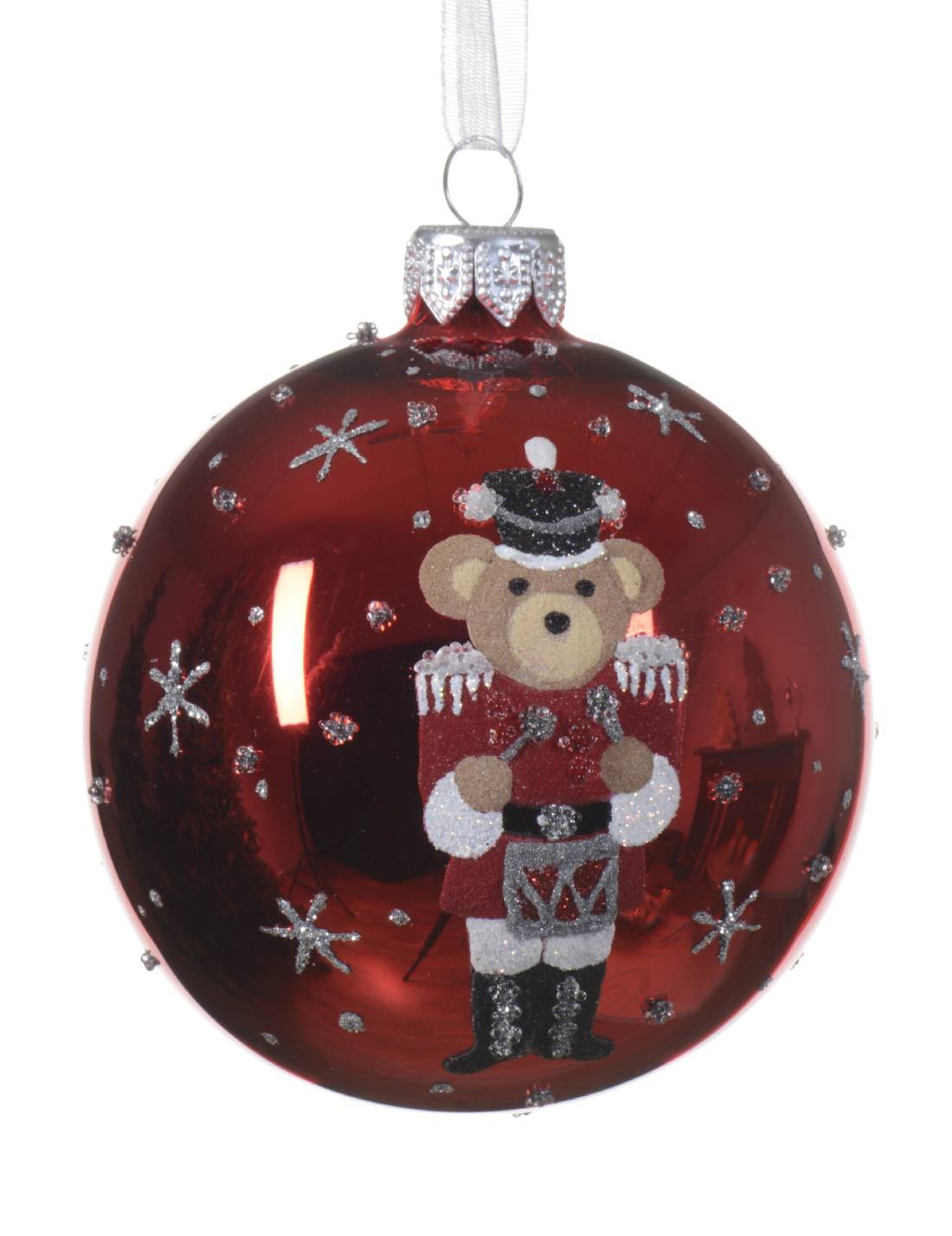 Pallina Albero Di Natale In Vetro Rossa Con Orsetto Schiaccianoci 8cm