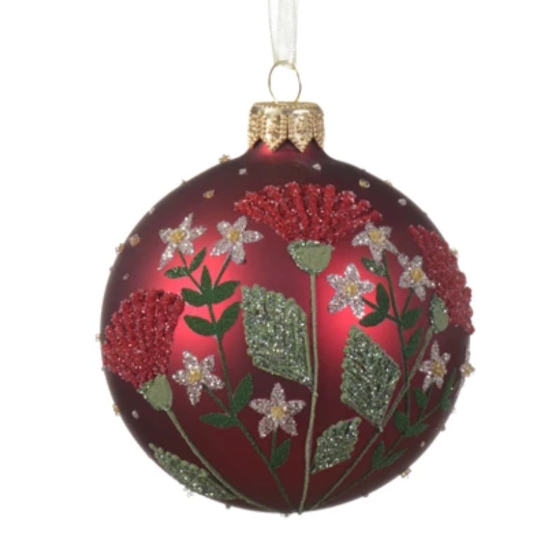 Pallina Albero Di Natale In Vetro Rosso Con Fiori 8cm