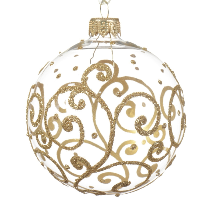 Pallina Albero Di Natale In Vetro Trasparente Con Decorazione Oro 8cm